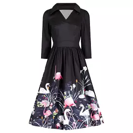 Black Swan and Flamingo Print Tea Dress with 3/4 Sleeves for 50s Swing Style