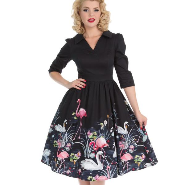 Black Swan and Flamingo Print Tea Dress with 3/4 Sleeves for 50s Swing Style