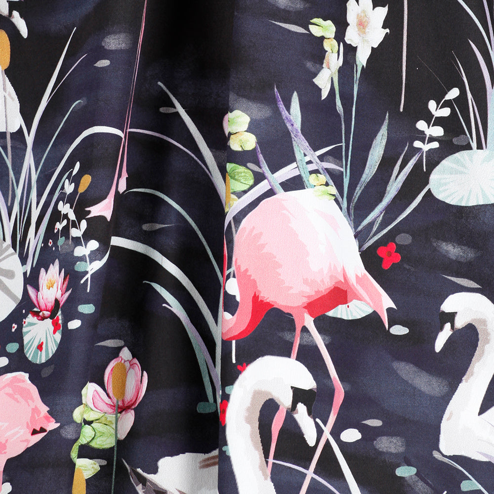 Black Swan and Flamingo Print Tea Dress with 3/4 Sleeves for 50s Swing Style