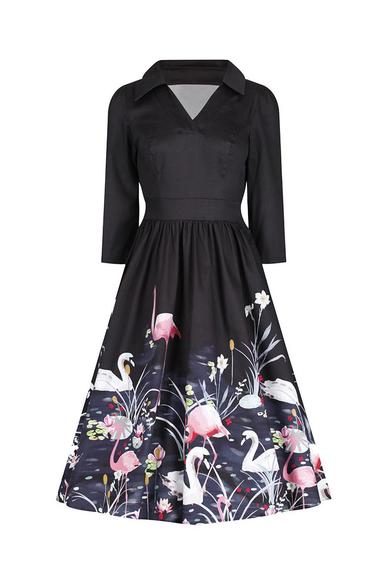 Black Swan and Flamingo Print Tea Dress with 3/4 Sleeves for 50s Swing Style