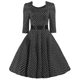 Black White Polka Dot Long Sleeve Swing Dress