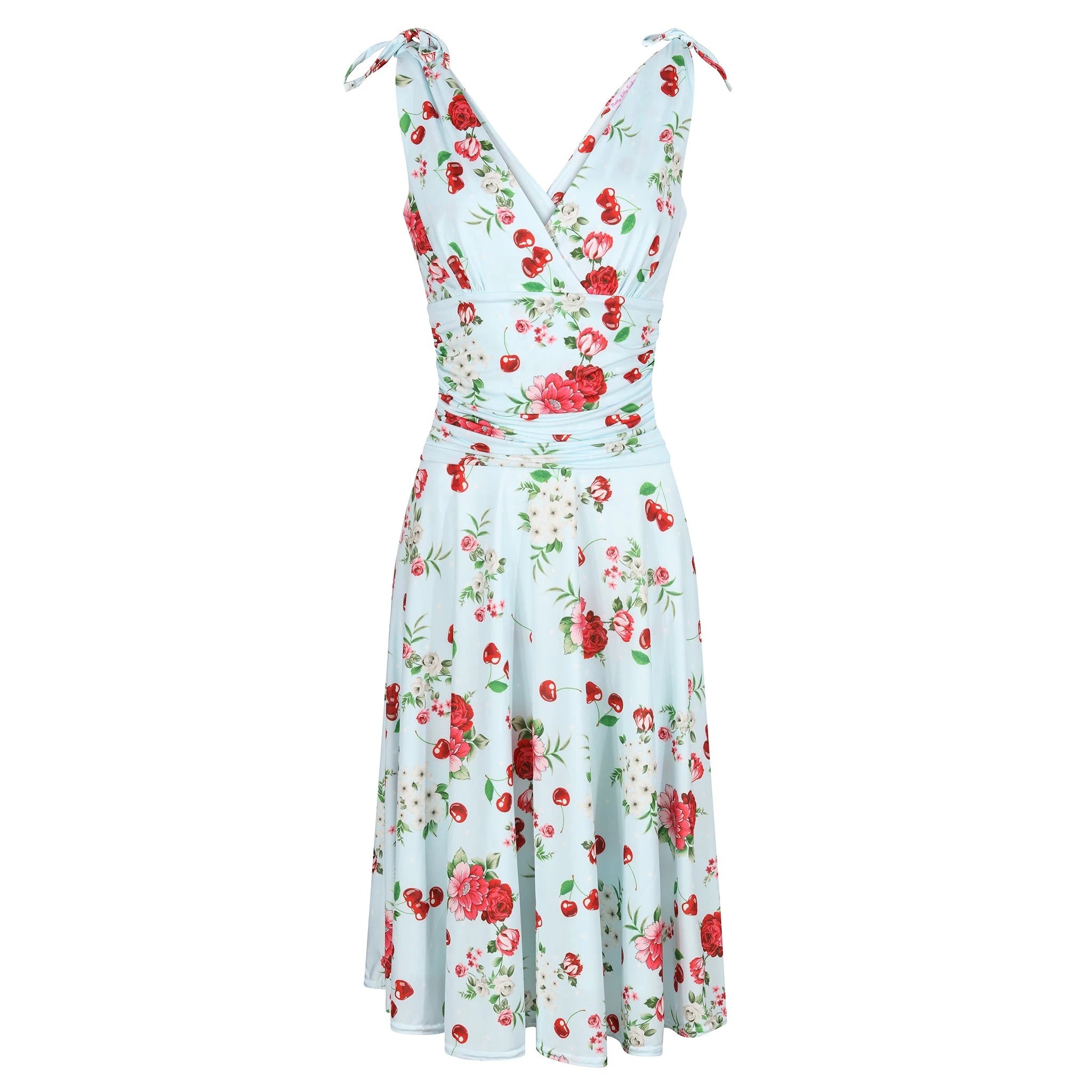 Blue Floral and Cherry Print V Neck Tie Shoulder Swing Dress, 50s Style