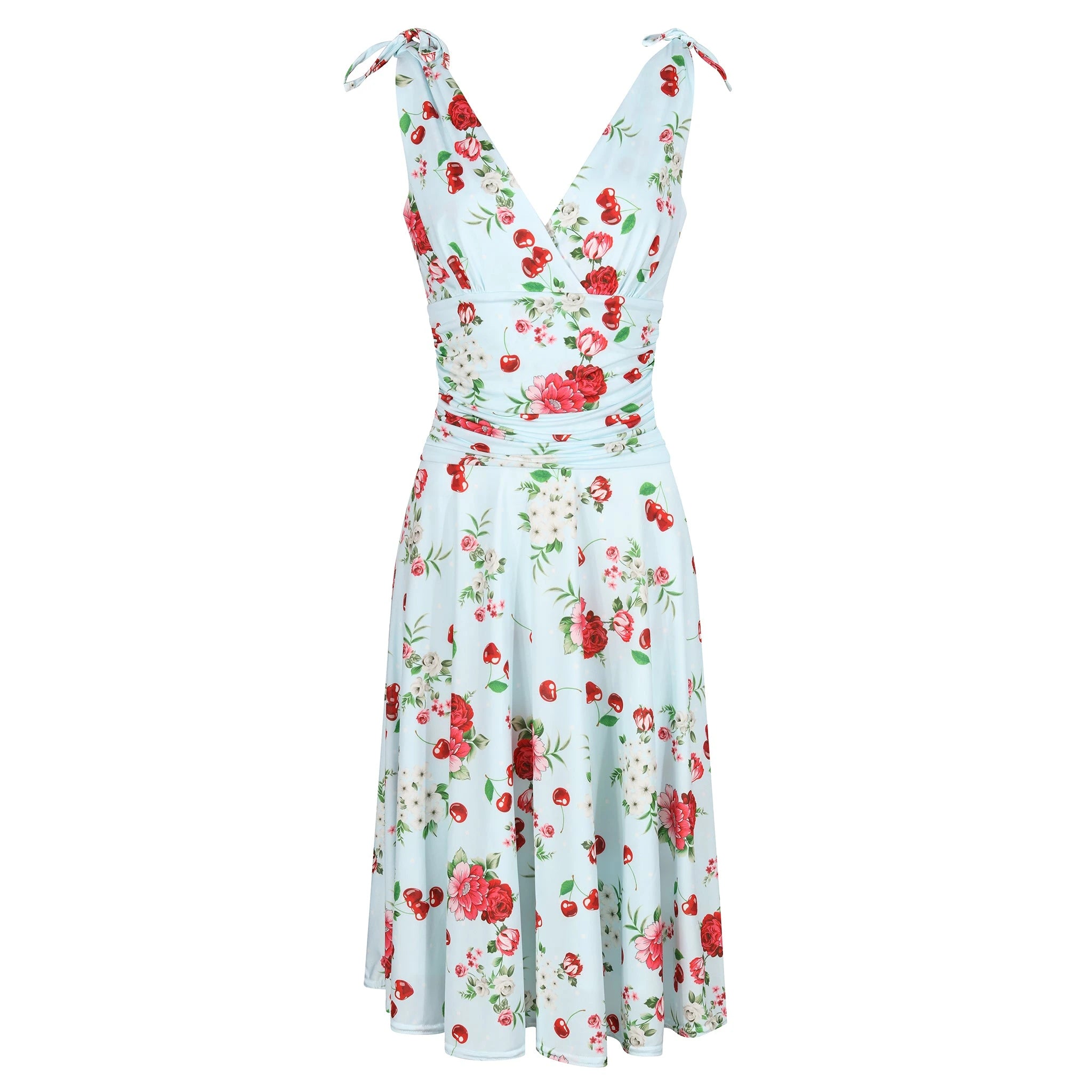 Blue Floral and Cherry Print V Neck Tie Shoulder Swing Dress, 50s Style