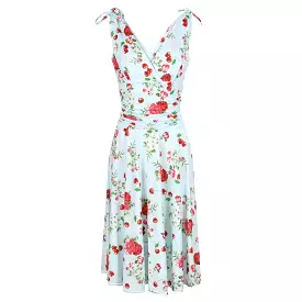 Blue Floral and Cherry Print V Neck Tie Shoulder Swing Dress, 50s Style