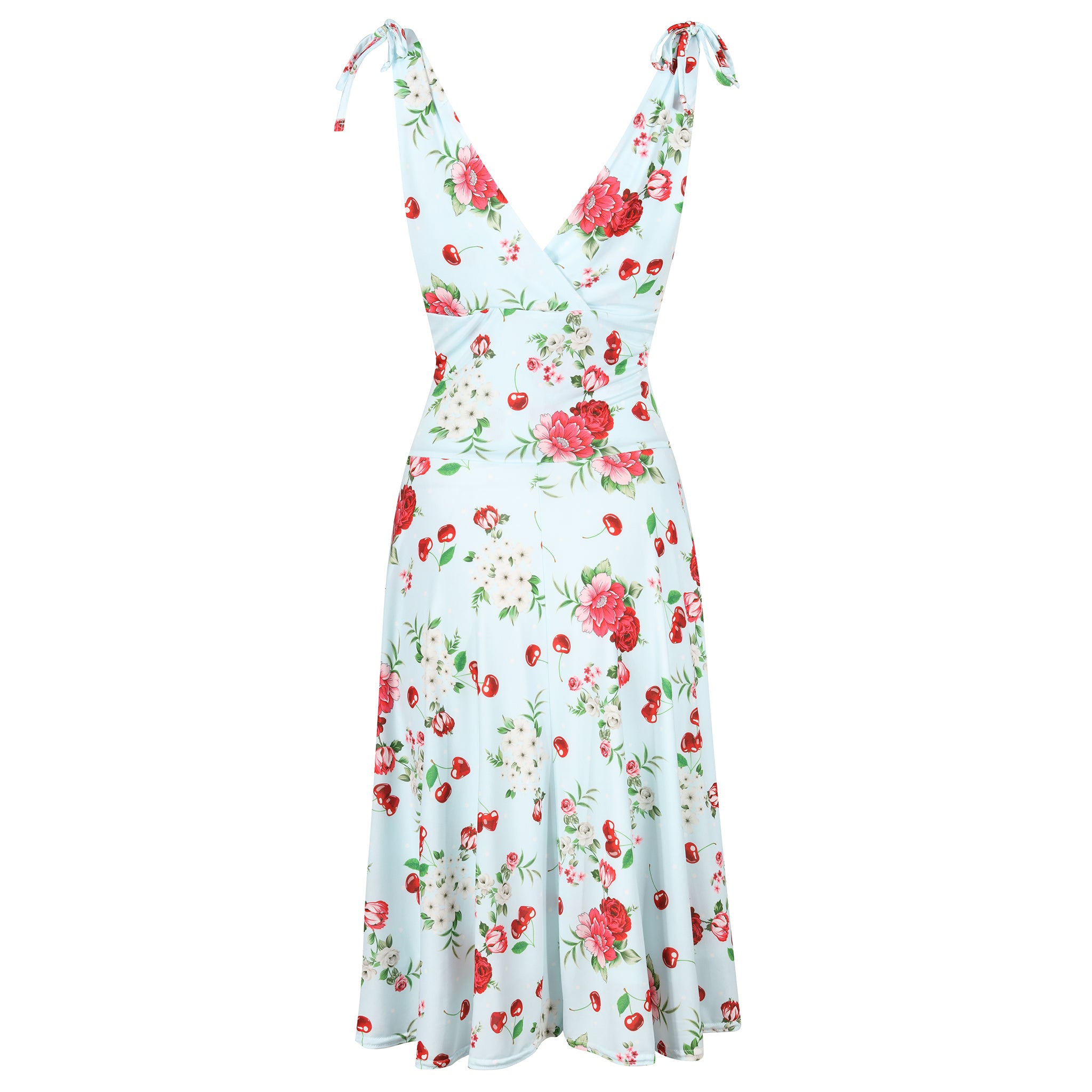 Blue Floral and Cherry Print V Neck Tie Shoulder Swing Dress, 50s Style