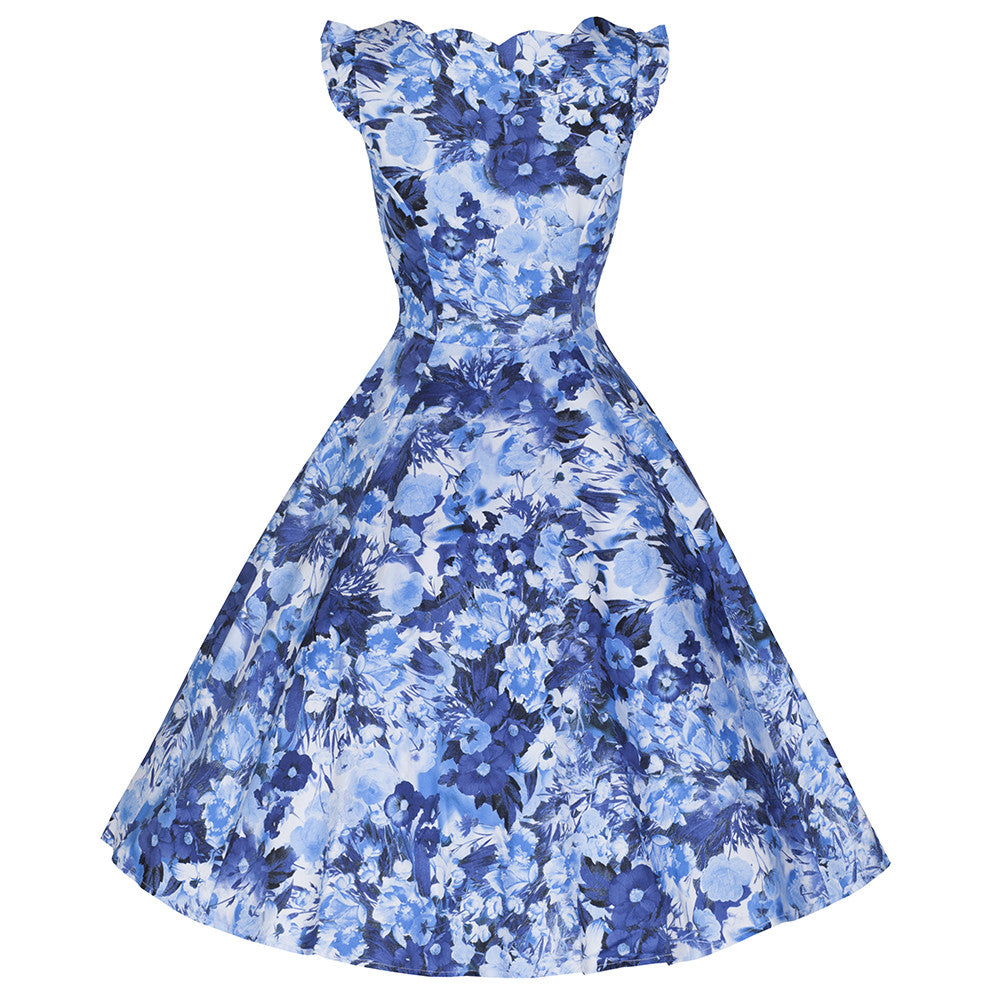 Blue Floral Frill Sleeve Cotton Swing Dress