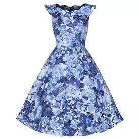 Blue Floral Frill Sleeve Cotton Swing Dress