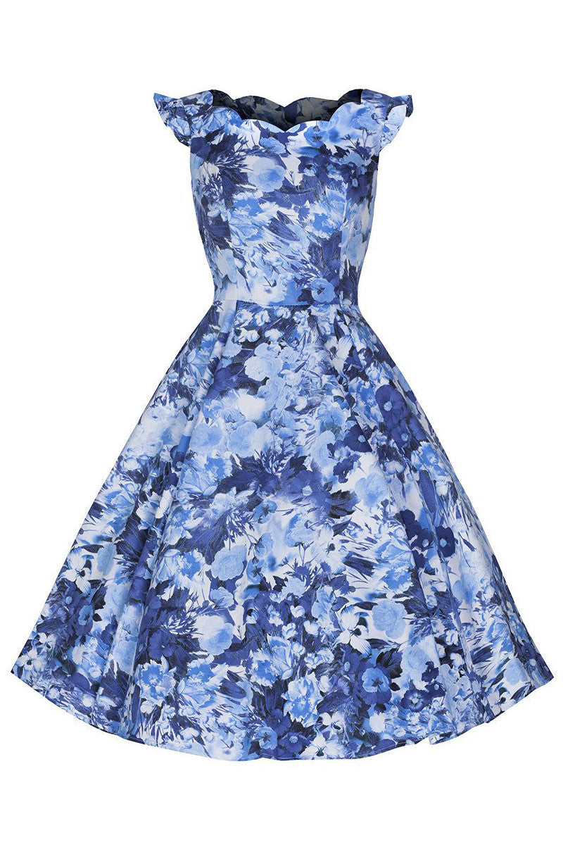 Blue Floral Frill Sleeve Cotton Swing Dress