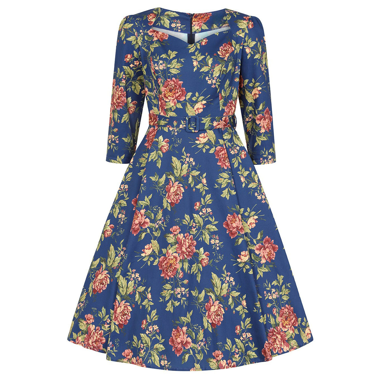 Blue Floral Swing Tea Dress with Sweetheart Neckline and Pockets.