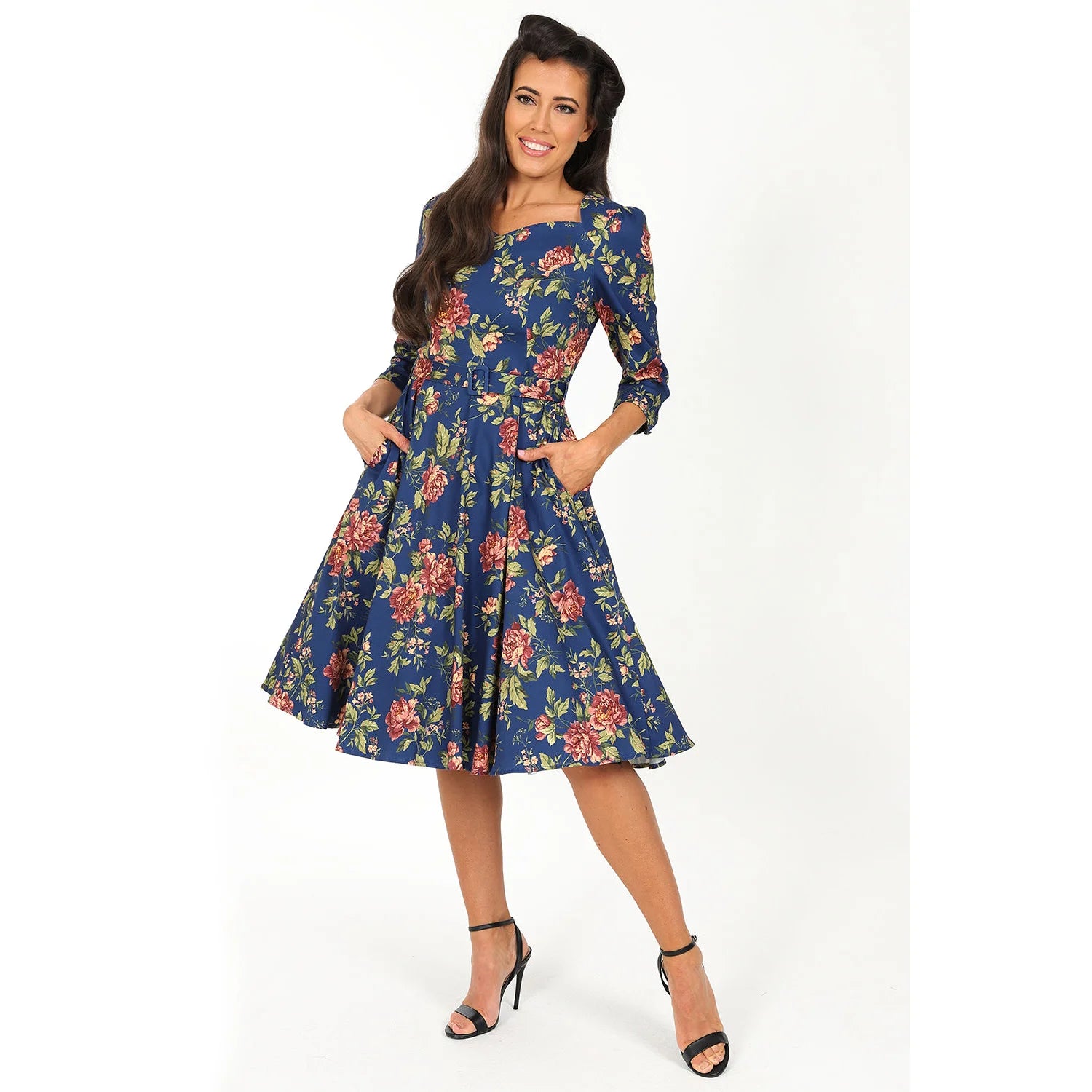 Blue Floral Swing Tea Dress with Sweetheart Neckline and Pockets.