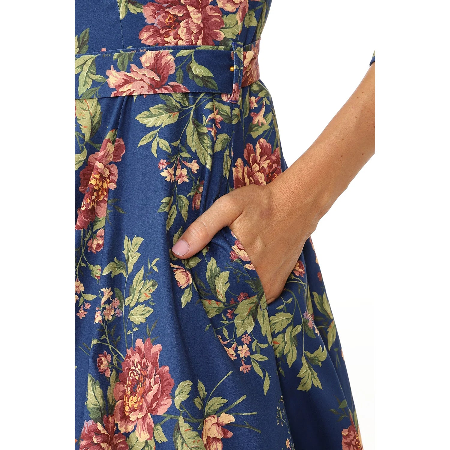 Blue Floral Swing Tea Dress with Sweetheart Neckline and Pockets.