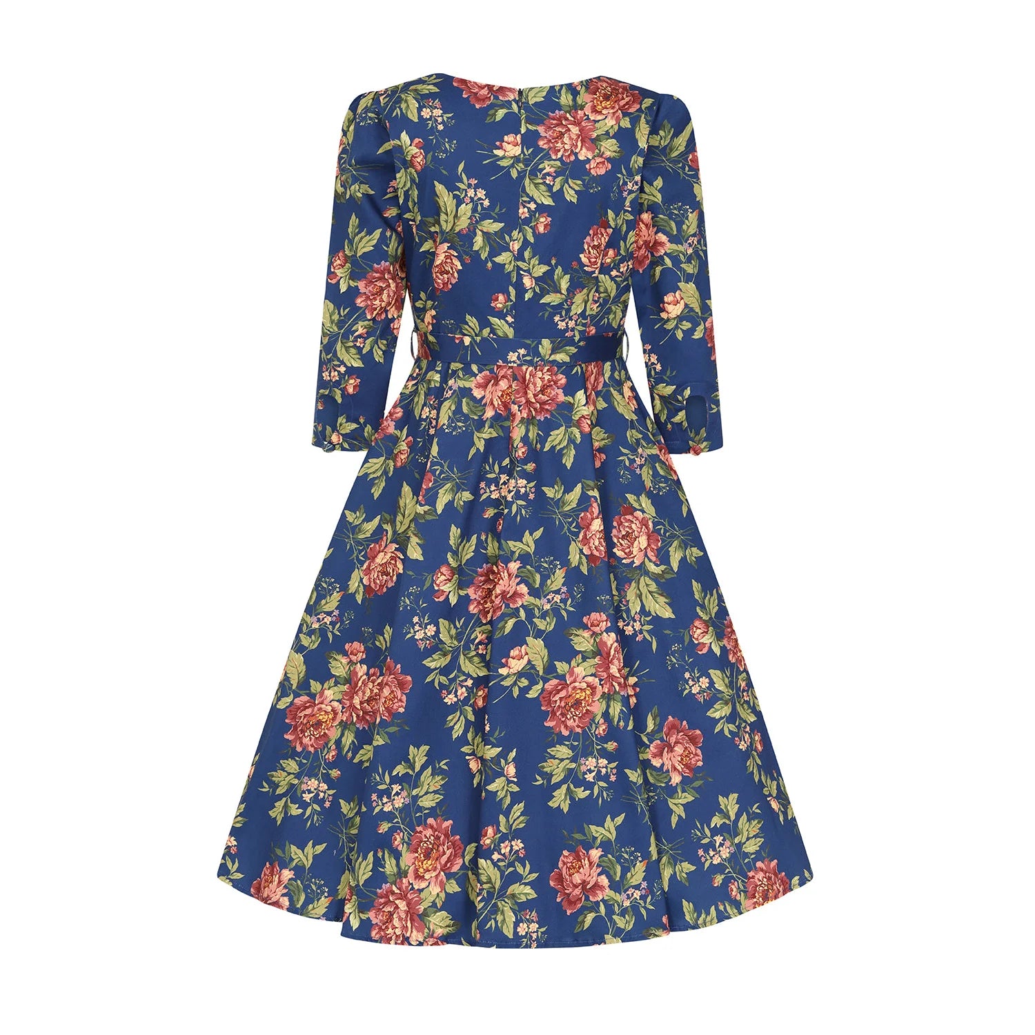 Blue Floral Swing Tea Dress with Sweetheart Neckline and Pockets.