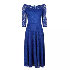 Blue Lace Vintage Swing Dress - 3/4 Sleeves, Boat Neck - Shop Now!