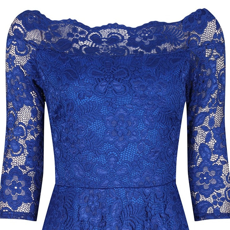 Blue Lace Vintage Swing Dress - 3/4 Sleeves, Boat Neck - Shop Now!