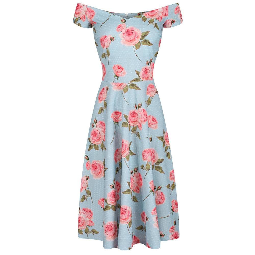 Blue Pink Floral Cap Sleeve V Neck Swing Dress