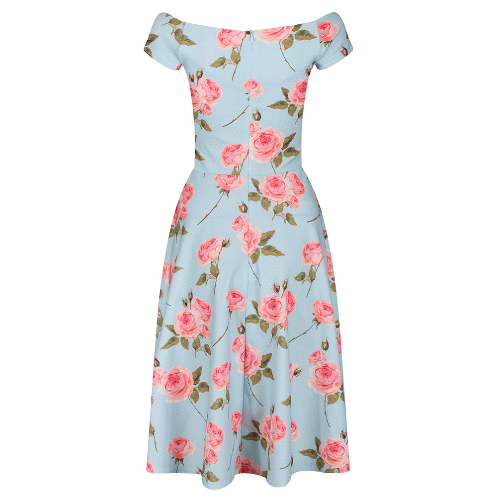 Blue Pink Floral Cap Sleeve V Neck Swing Dress