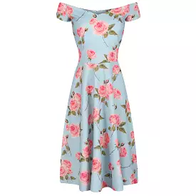 Blue Pink Floral Cap Sleeve V Neck Swing Dress