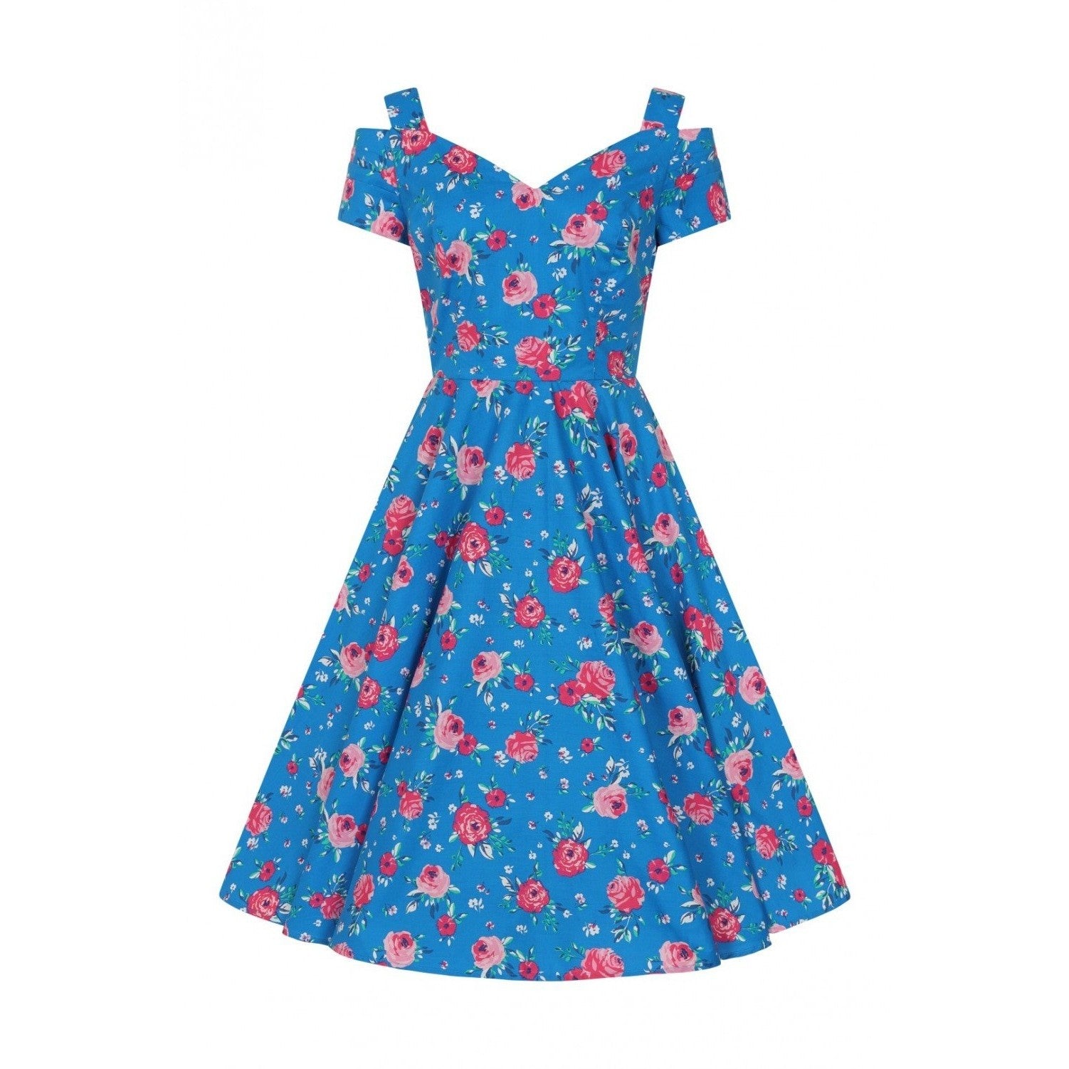 Blue Pink Floral Cold Shoulder Swing Party Dress