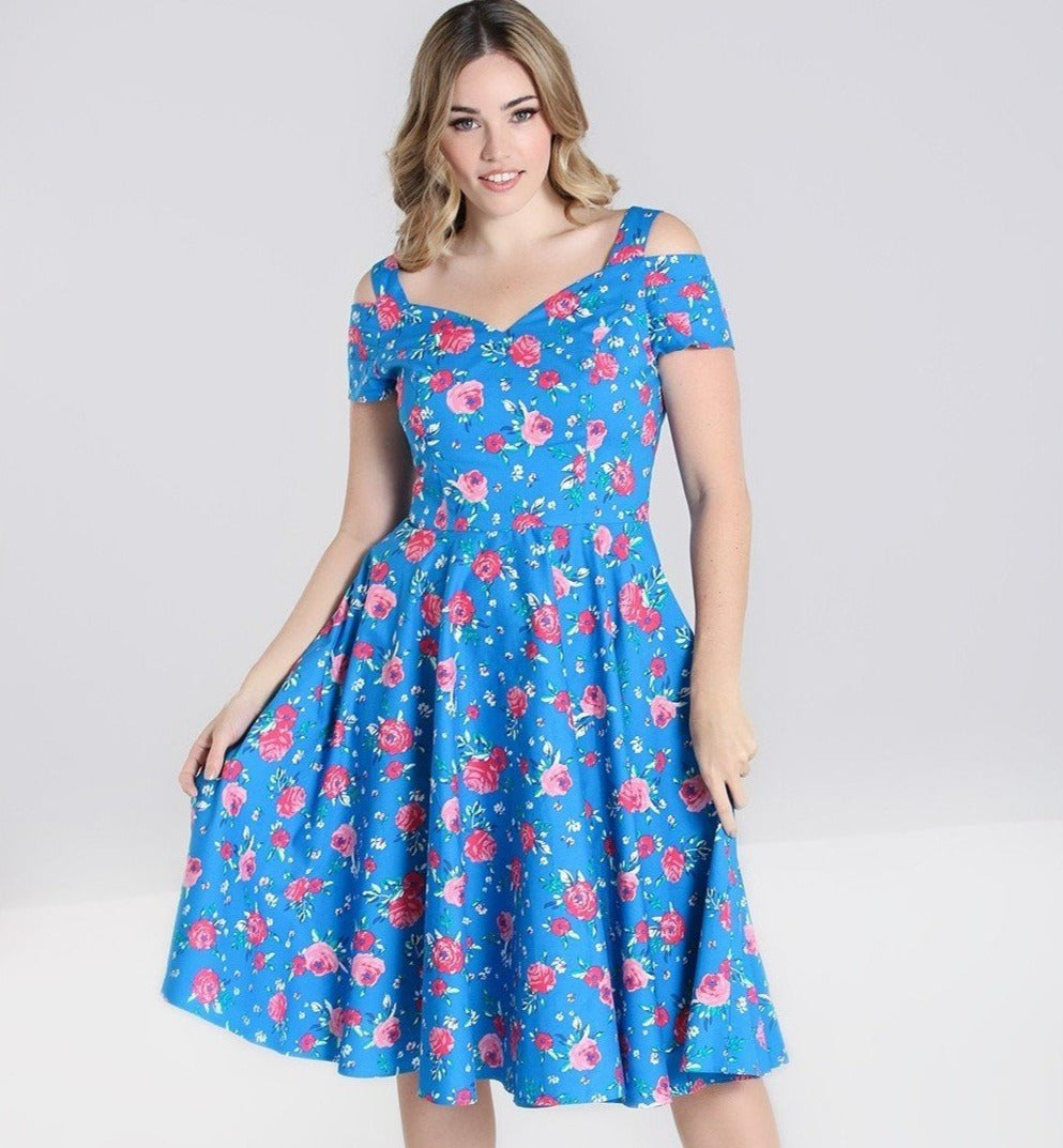 Blue Pink Floral Cold Shoulder Swing Party Dress