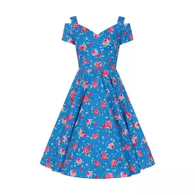 Blue Pink Floral Cold Shoulder Swing Party Dress