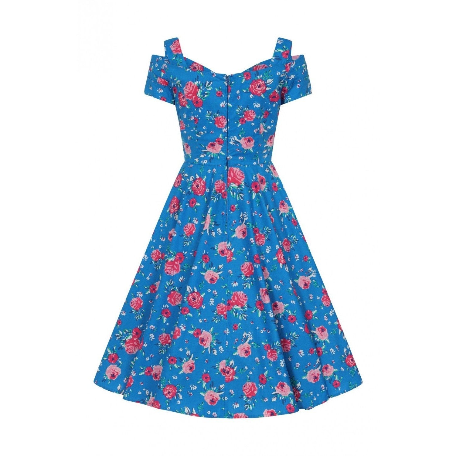 Blue Pink Floral Cold Shoulder Swing Party Dress