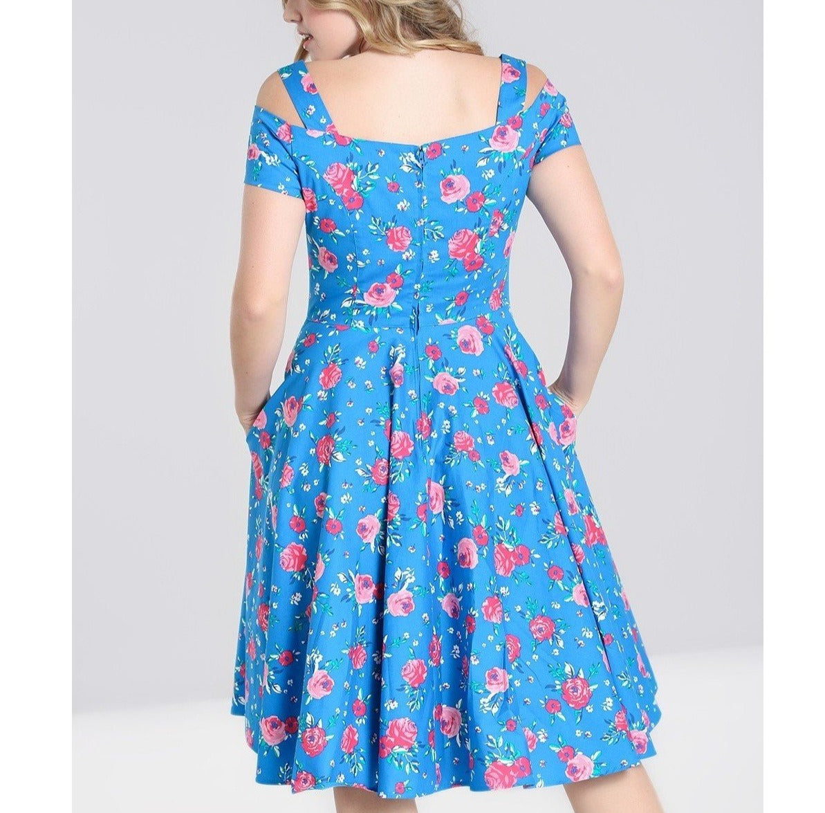 Blue Pink Floral Cold Shoulder Swing Party Dress