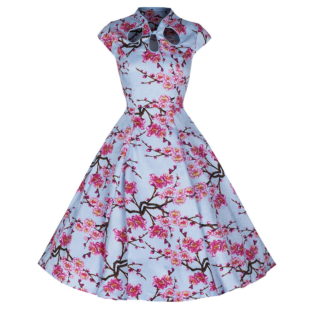 Blue Pink Floral Print Swing Dress 50s