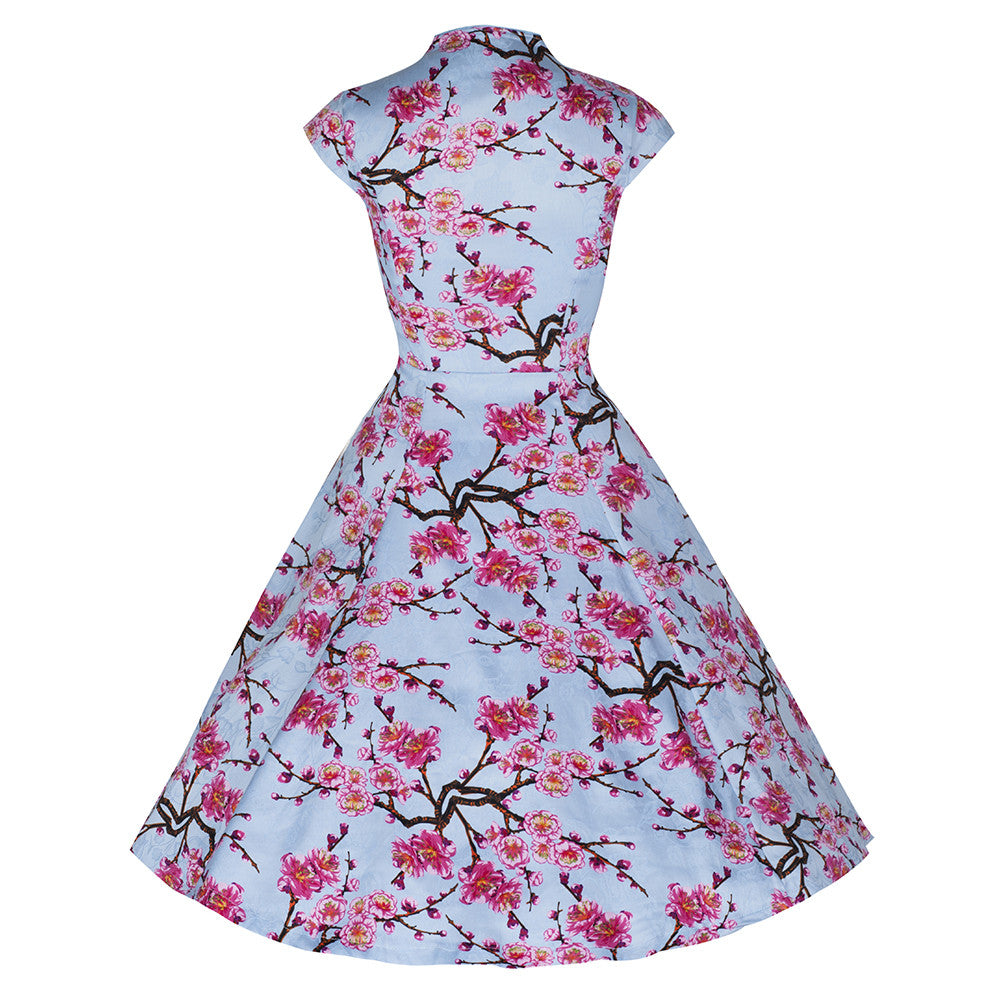 Blue Pink Floral Print Swing Dress 50s