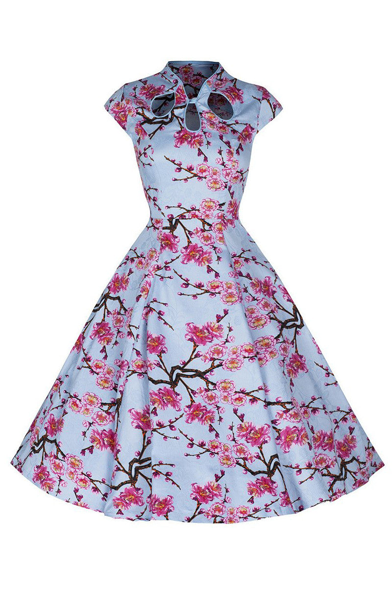 Blue Pink Floral Print Swing Dress 50s