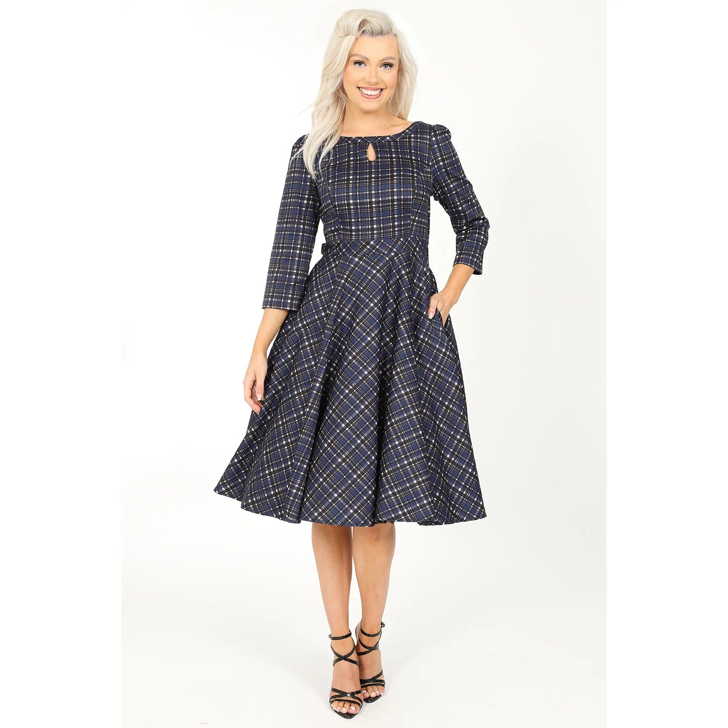 Blue Tartan Check Long Sleeve Swing Dress - Burns Night & Rockabilly Style