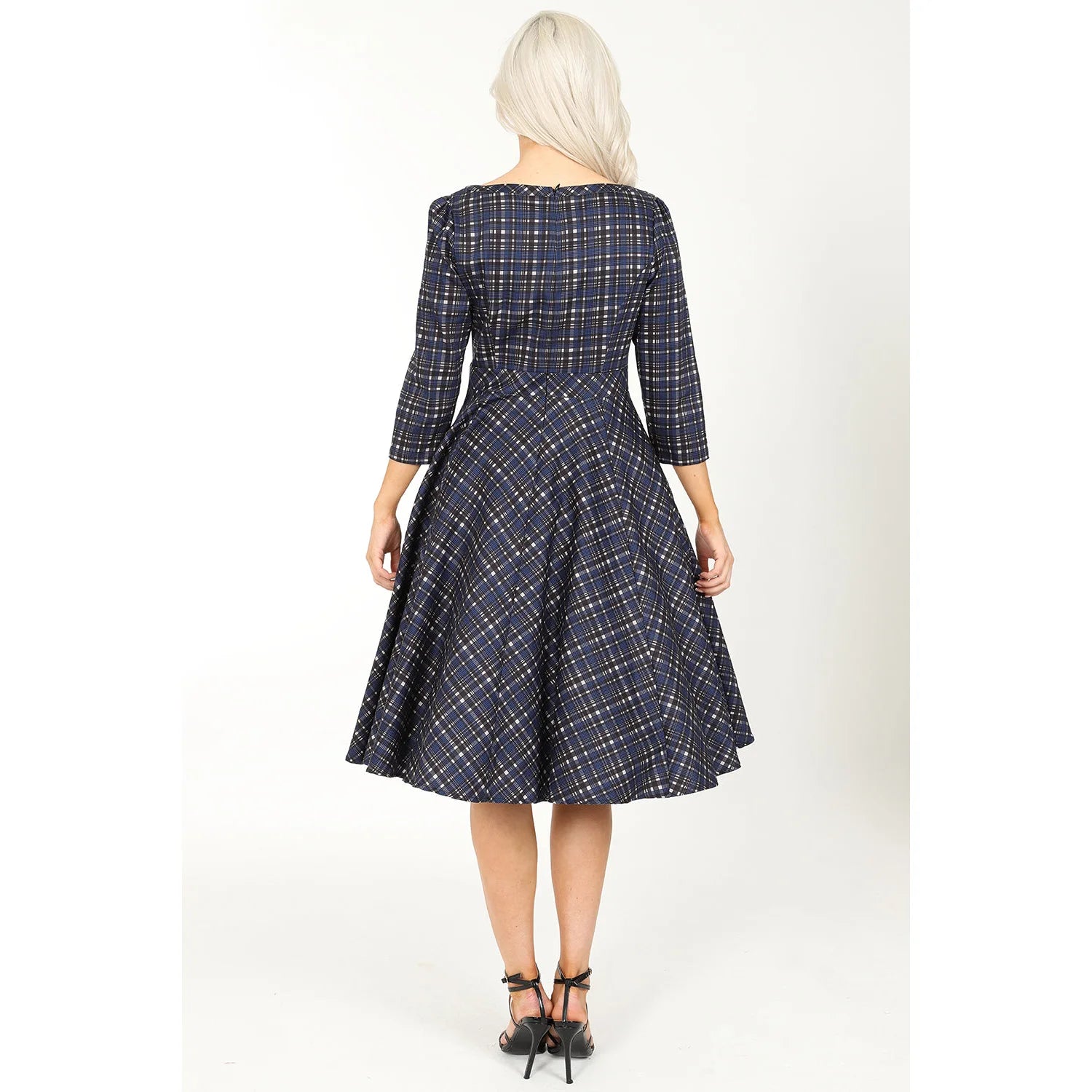 Blue Tartan Check Long Sleeve Swing Dress - Burns Night & Rockabilly Style