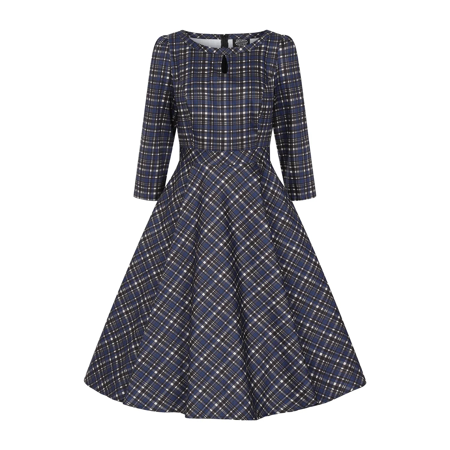 Blue Tartan Check Long Sleeve Swing Dress - Burns Night & Rockabilly Style