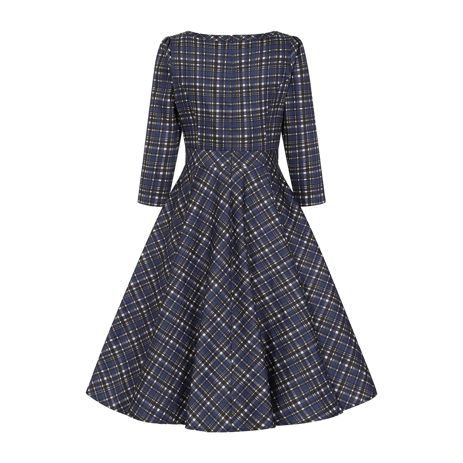 Blue Tartan Check Long Sleeve Swing Dress - Burns Night & Rockabilly Style