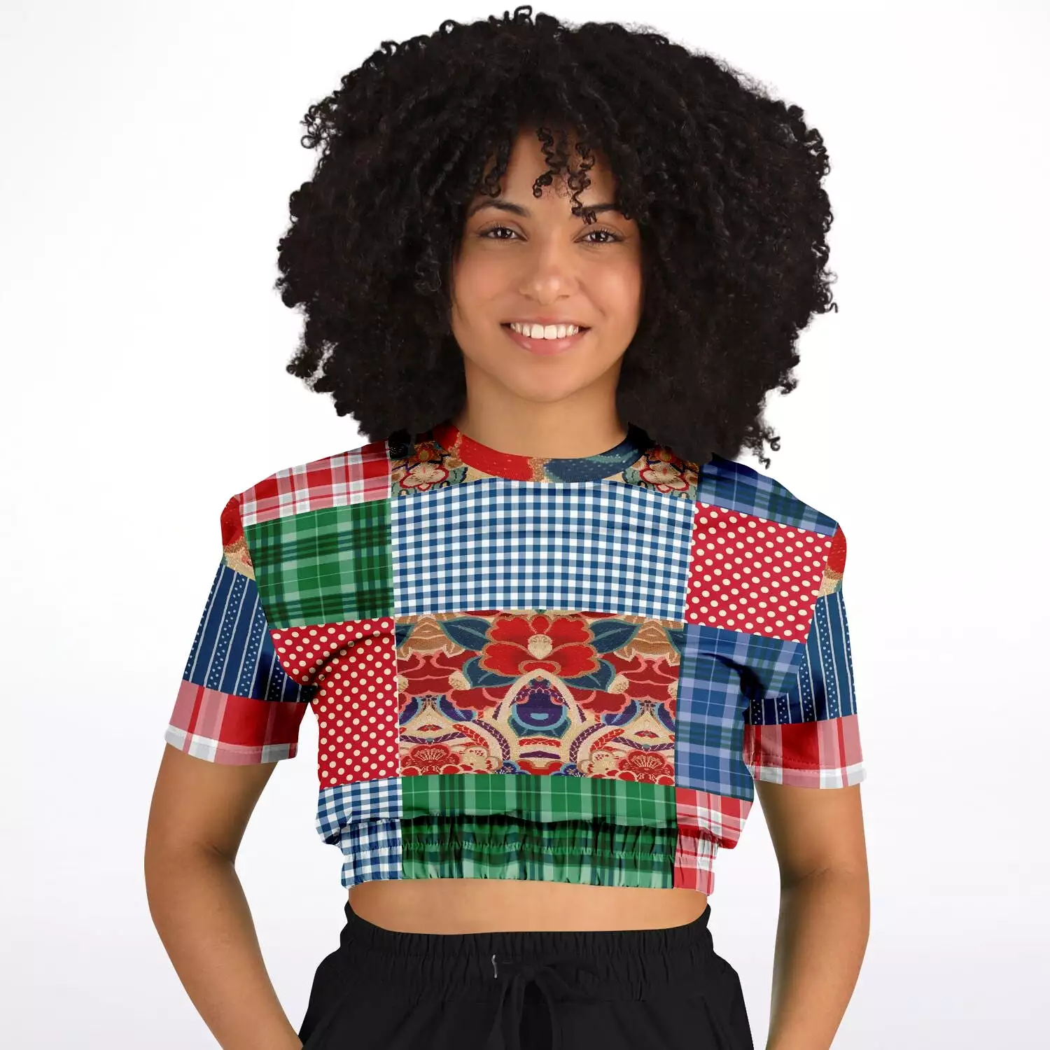 Busan Fleur Floral Plaid Patchwork Crop Top Sweater