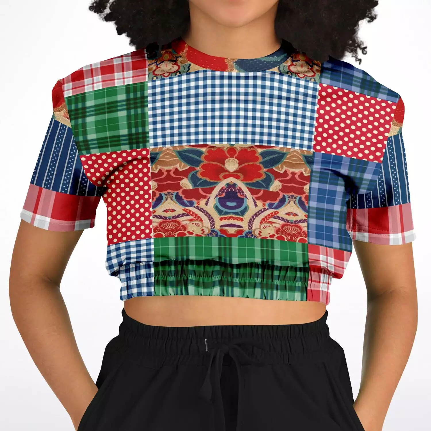 Busan Fleur Floral Plaid Patchwork Crop Top Sweater