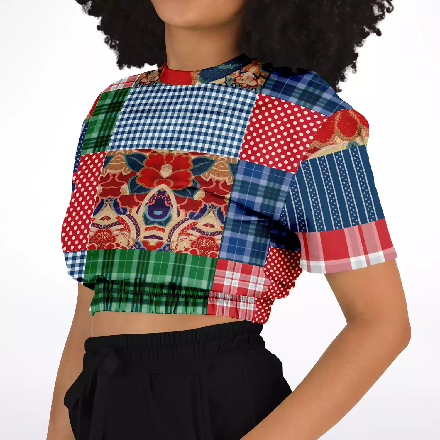 Busan Fleur Floral Plaid Patchwork Crop Top Sweater