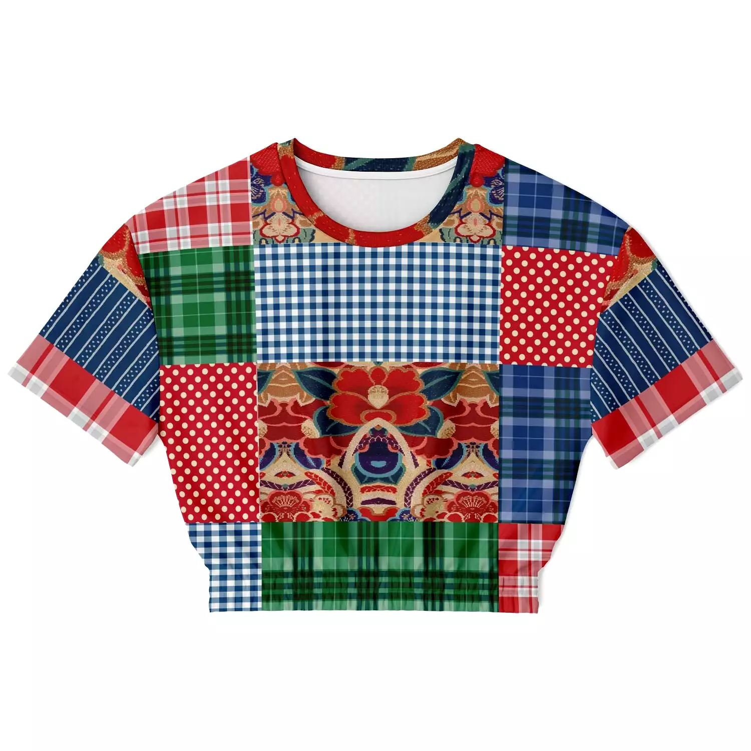 Busan Fleur Floral Plaid Patchwork Crop Top Sweater