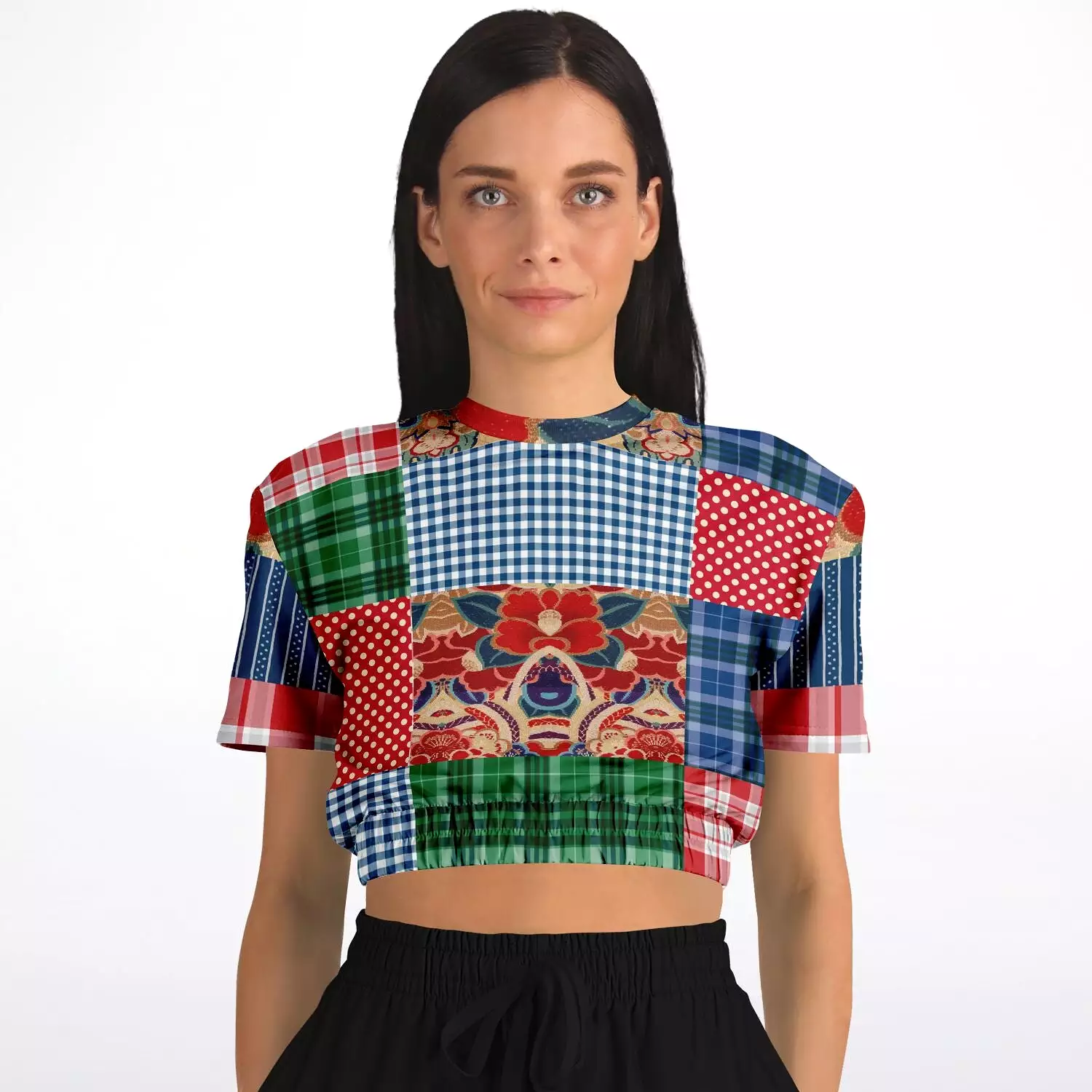 Busan Fleur Floral Plaid Patchwork Crop Top Sweater