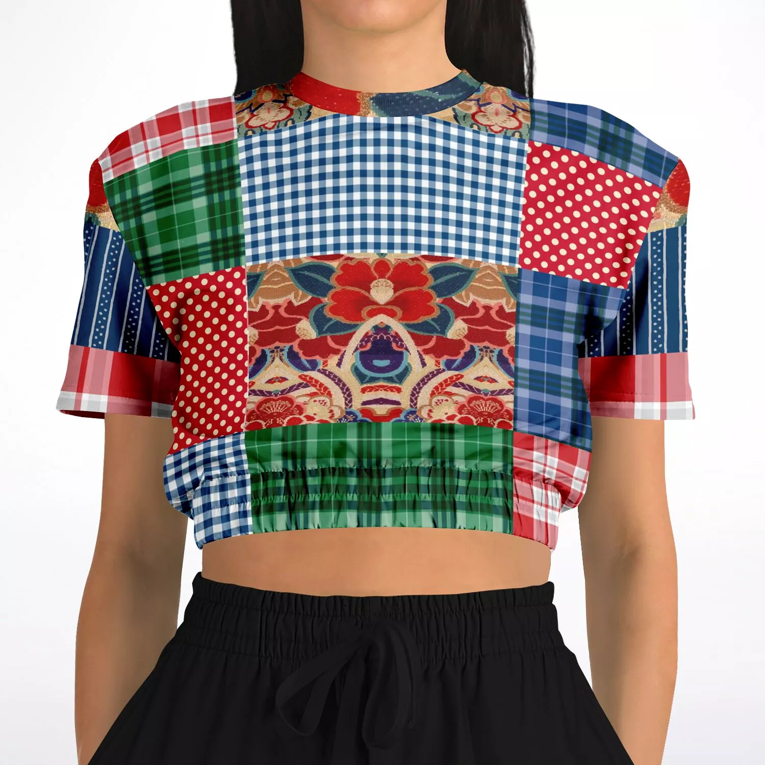 Busan Fleur Floral Plaid Patchwork Crop Top Sweater