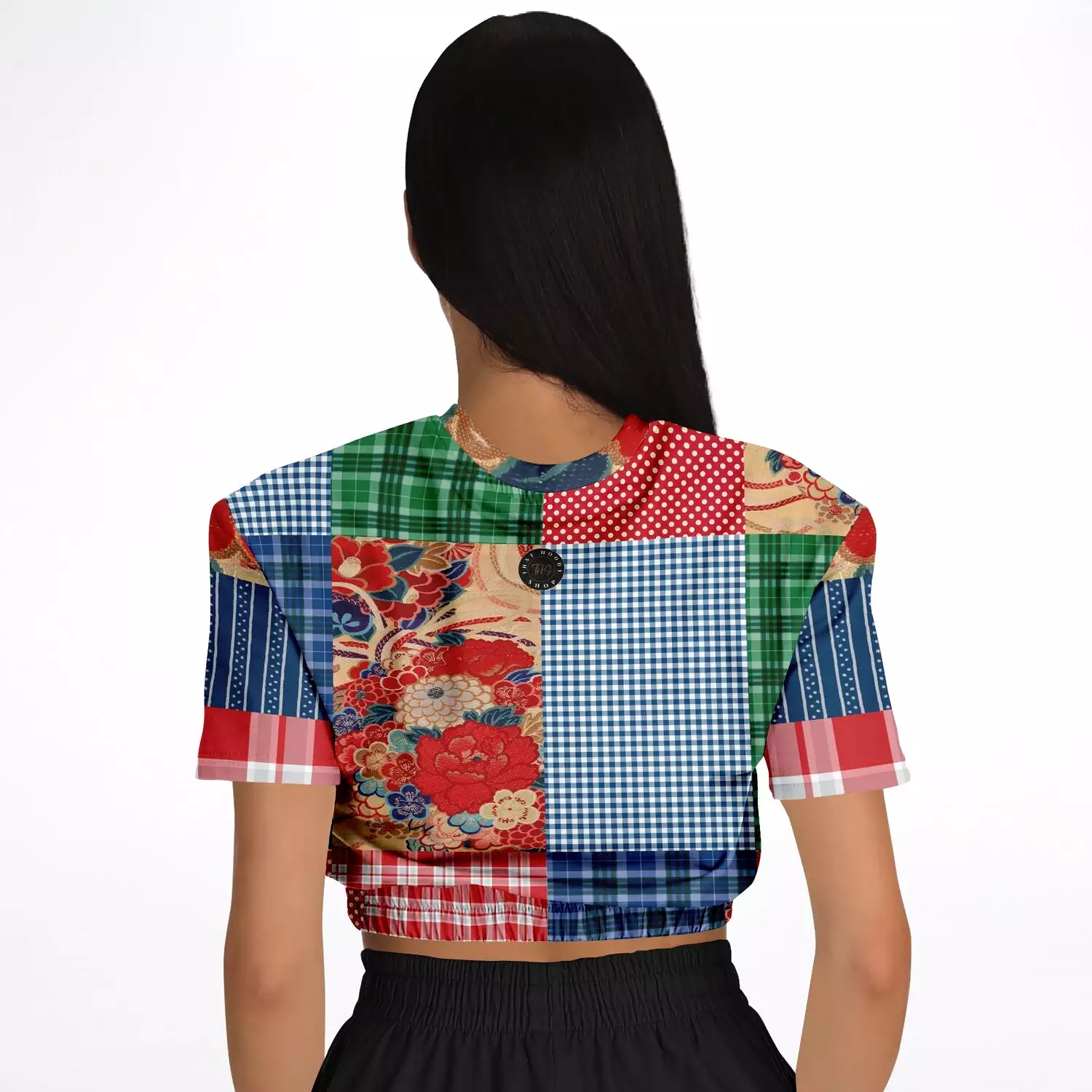 Busan Fleur Floral Plaid Patchwork Crop Top Sweater