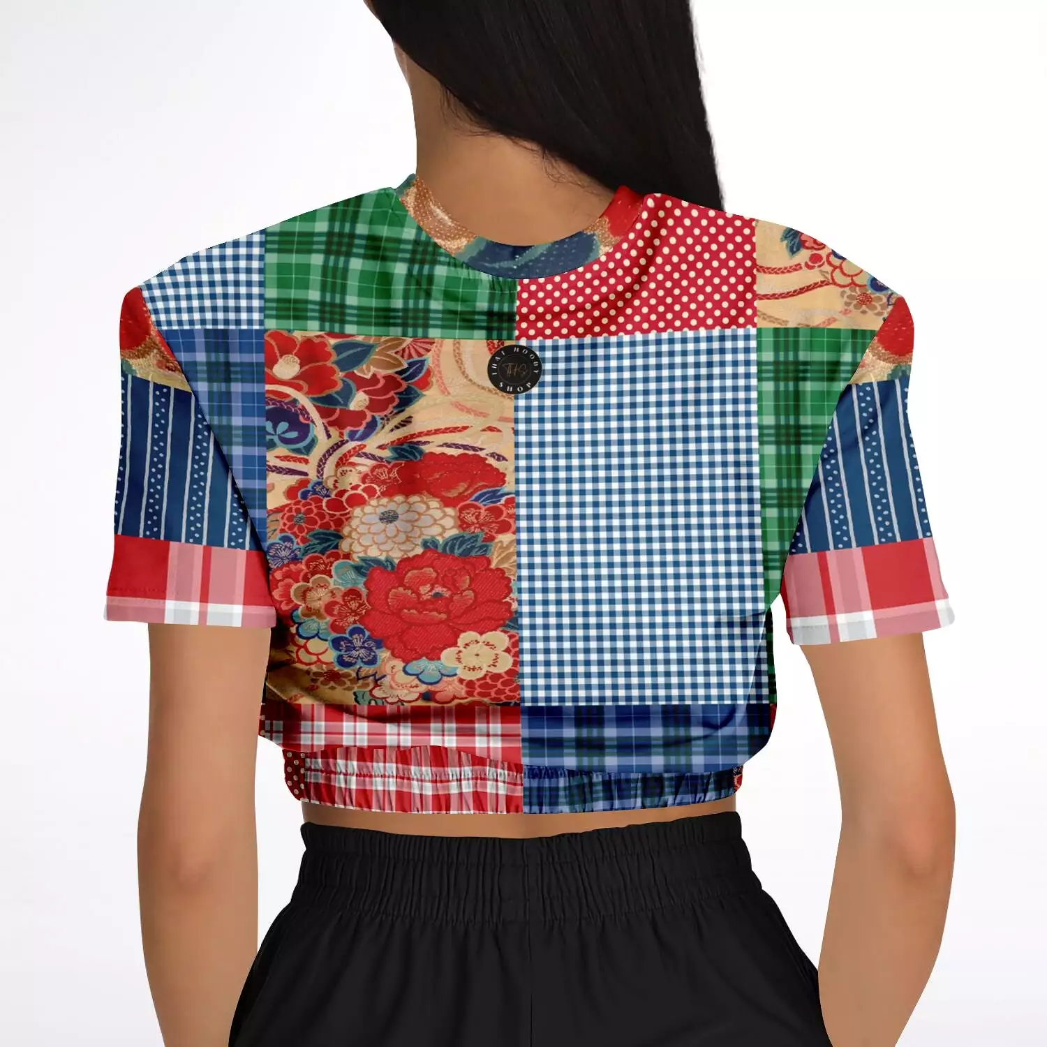 Busan Fleur Floral Plaid Patchwork Crop Top Sweater