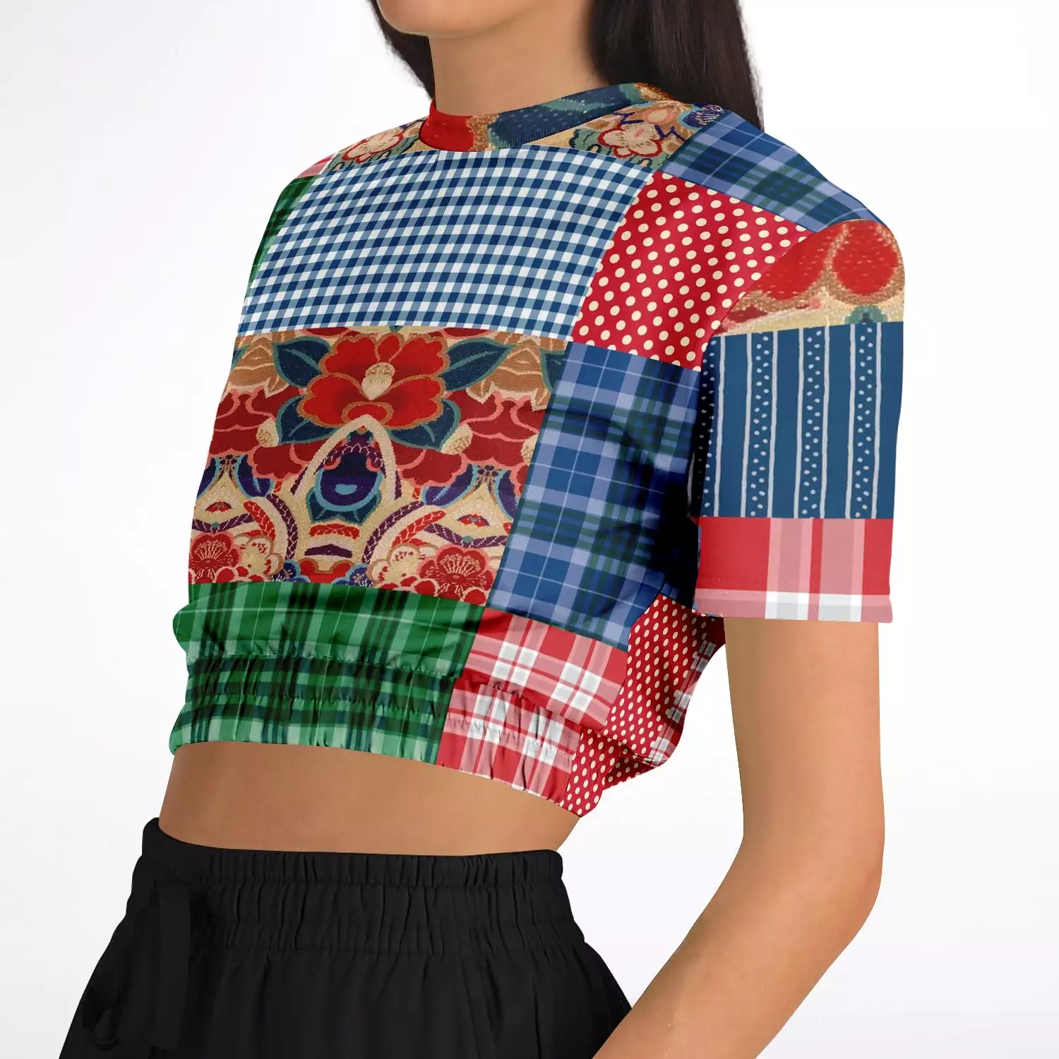 Busan Fleur Floral Plaid Patchwork Crop Top Sweater