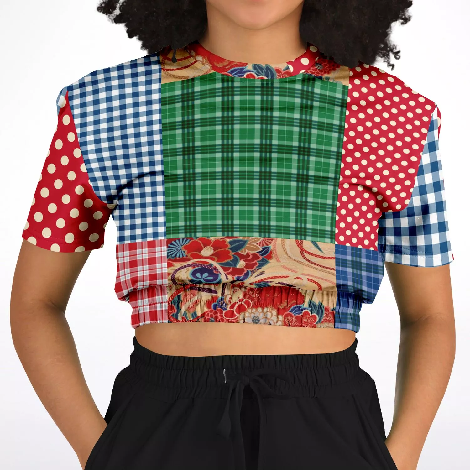 Busan Fleur Plaid Patchwork Cropped Sweater - Short Sleeve, Eco-Poly