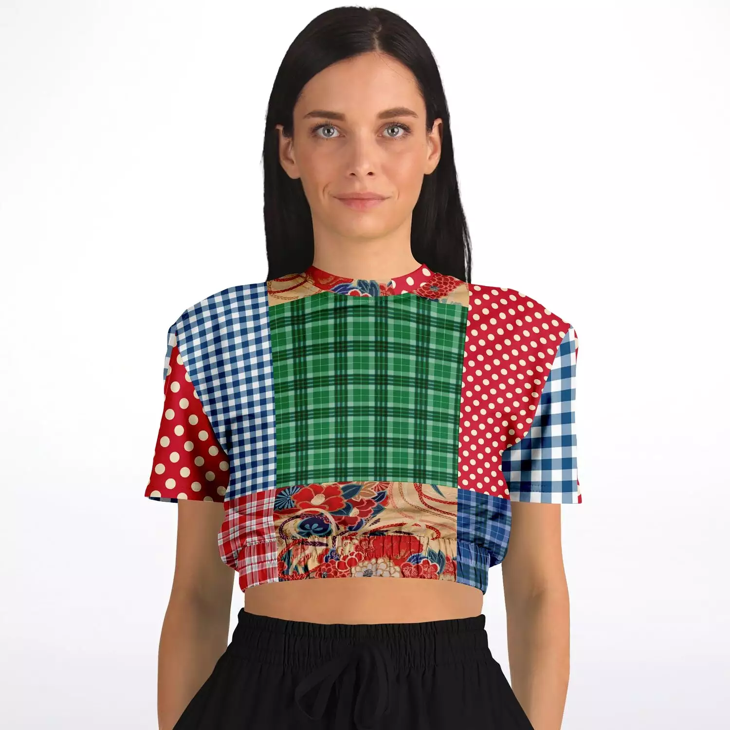 Busan Fleur Plaid Patchwork Cropped Sweater - Short Sleeve, Eco-Poly