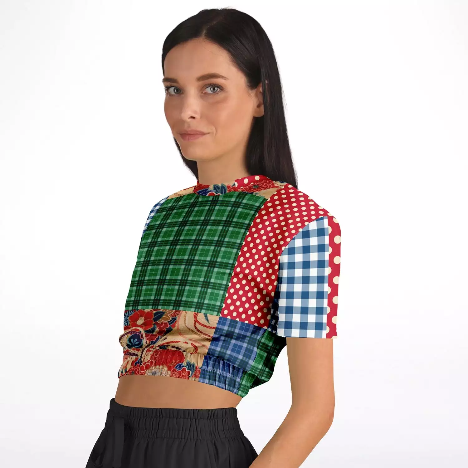 Busan Fleur Plaid Patchwork Cropped Sweater - Short Sleeve, Eco-Poly