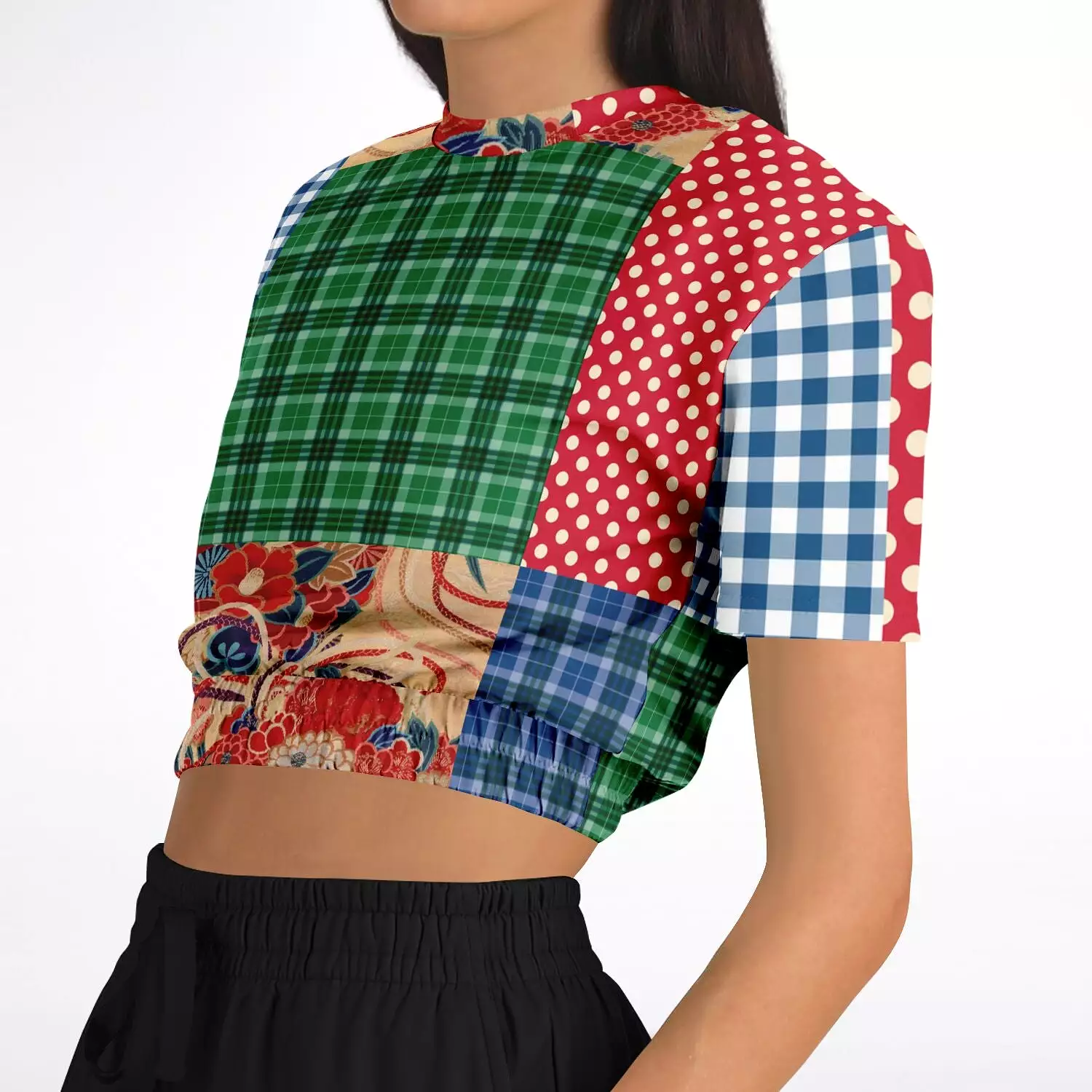 Busan Fleur Plaid Patchwork Cropped Sweater - Short Sleeve, Eco-Poly