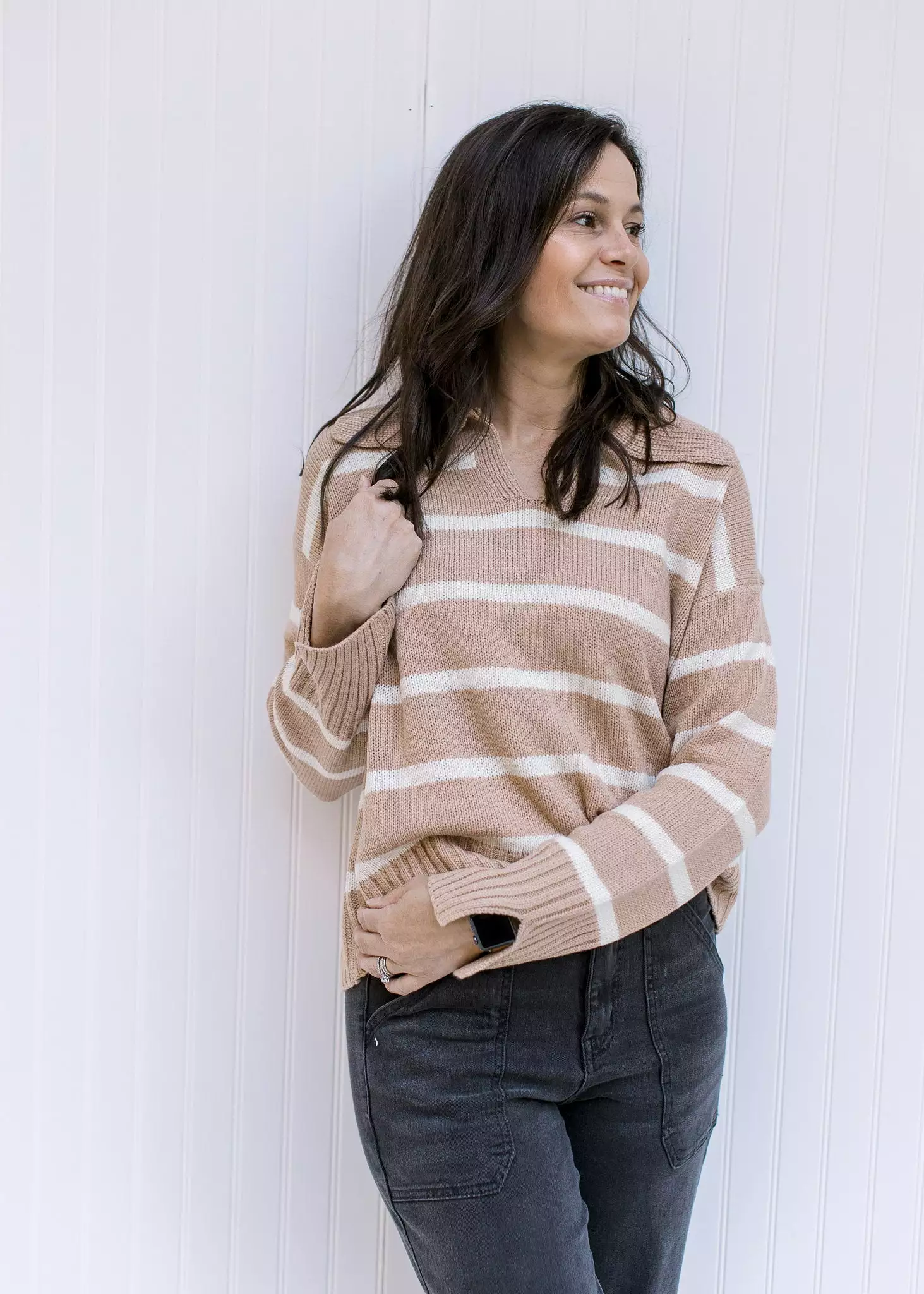 Camel Striped Collared Sweater