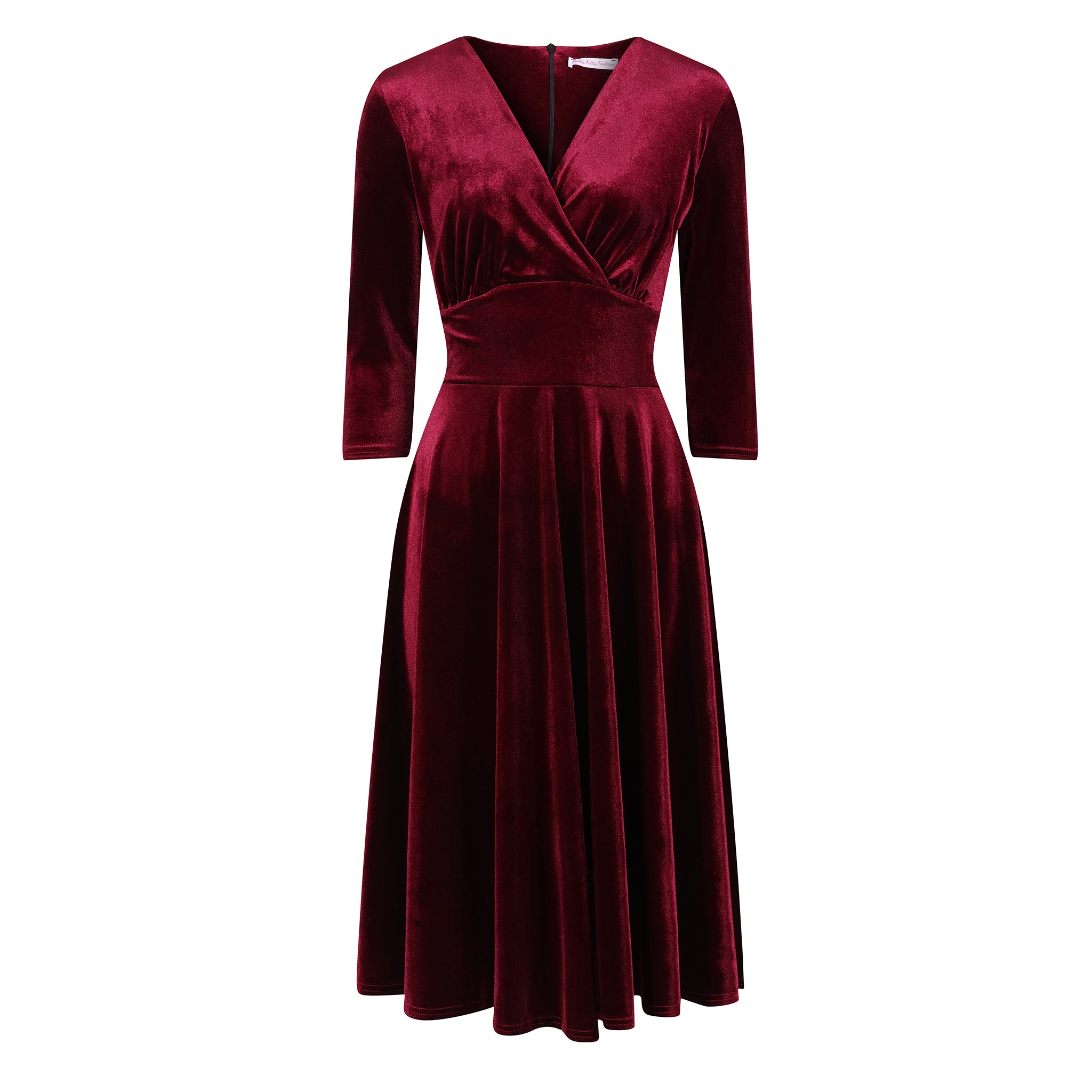 Claret Red Wrap Dress with V Neck, Velour Material, 3/4 Sleeves, and Swing Style