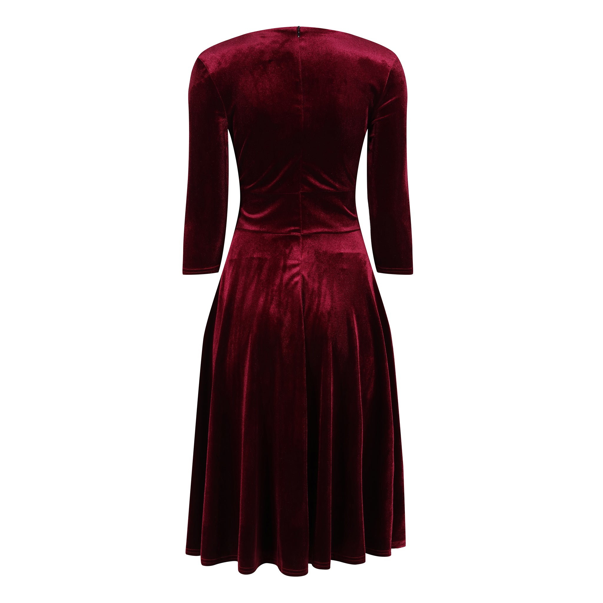 Claret Red Wrap Dress with V Neck, Velour Material, 3/4 Sleeves, and Swing Style