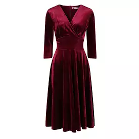 Claret Red Wrap Dress with V Neck, Velour Material, 3/4 Sleeves, and Swing Style